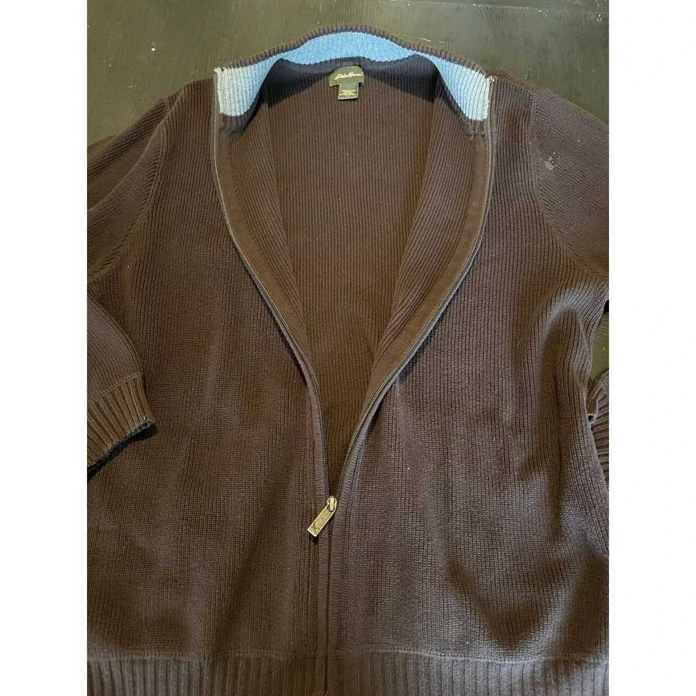 Eddie Bauer Men's Brown Full Zip Ribbed Cotton‎ Sweater XL